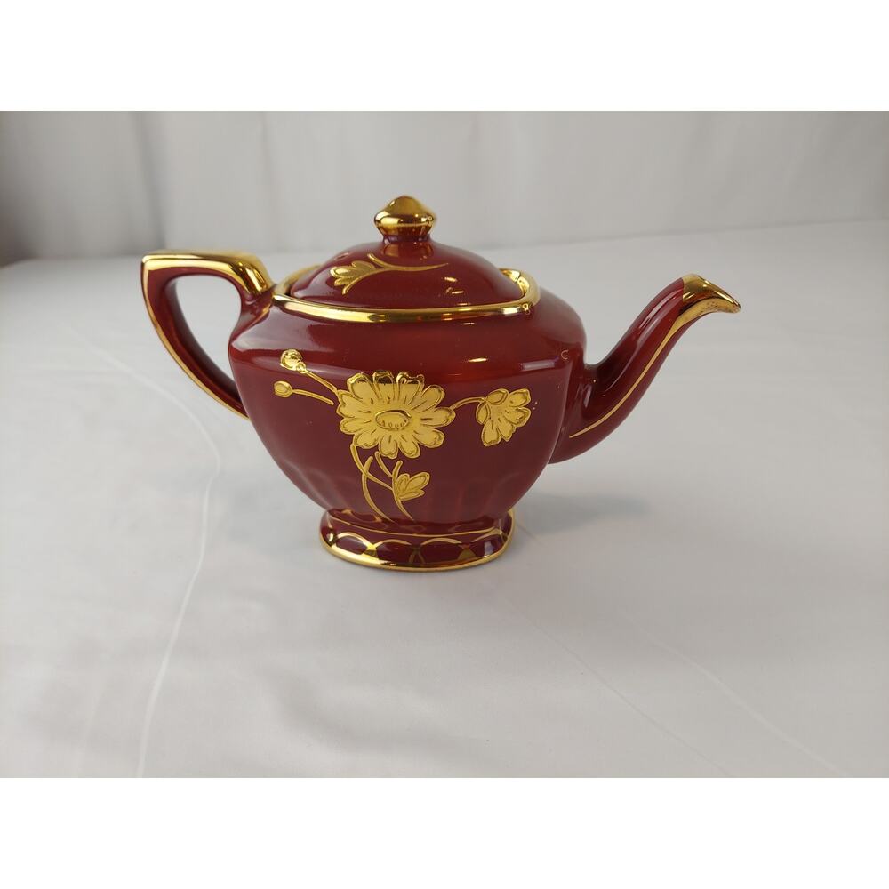 Vintage Mid-Century Burgundy Teapot w/ Gold Floral & Trim Design Made In England